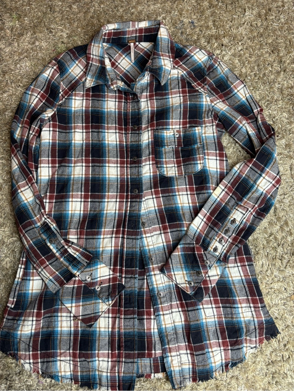 Free People We The Free Distressed Raw Hem Plaid Button-Down Shirt